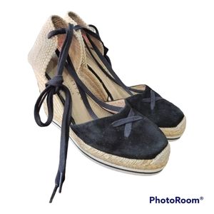 PALOMITAS by PALOMA BARCELO Black Suede Lace Up Wedge Espadrille Sandal